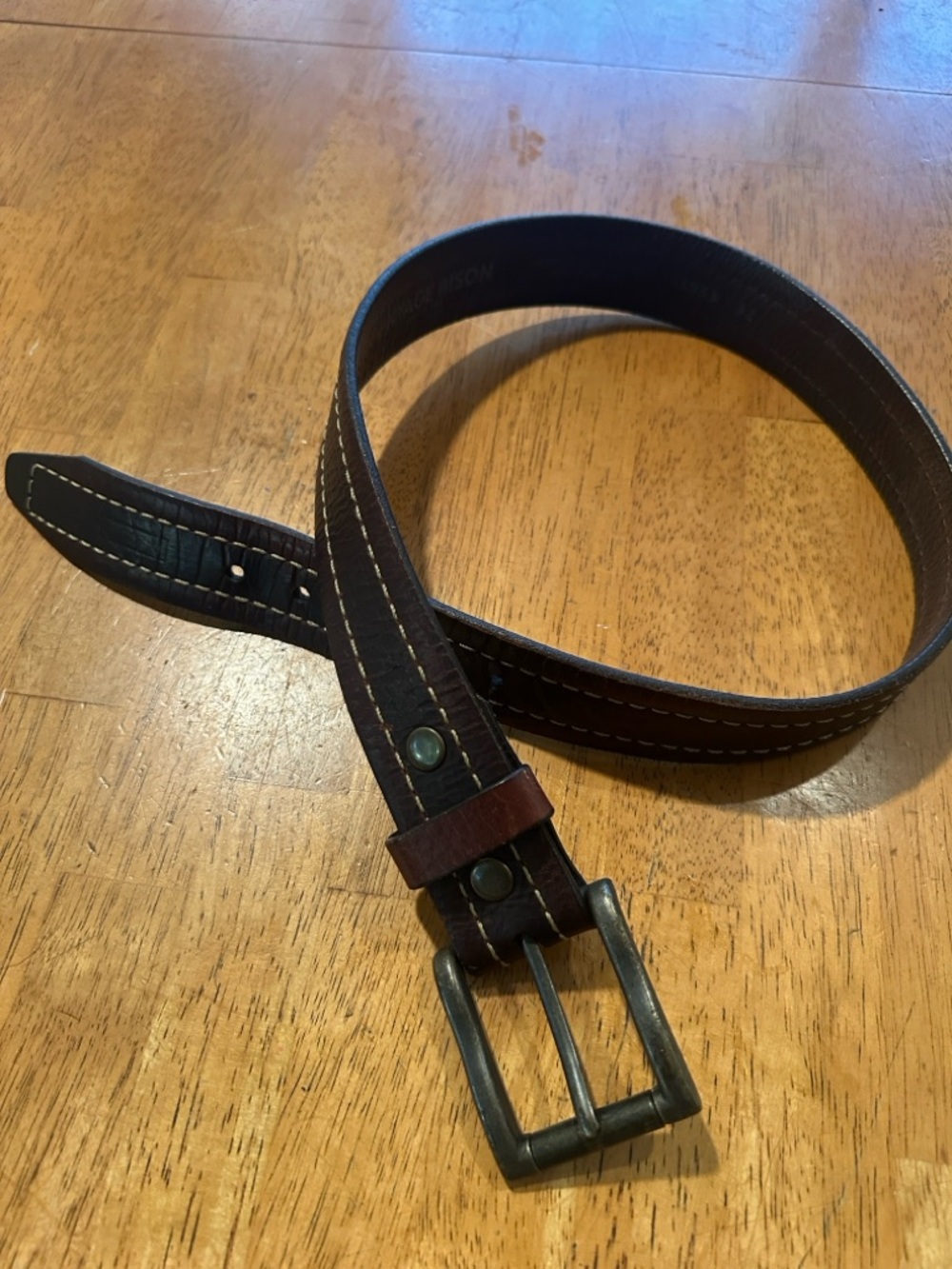 Men's Vintage Bison two tone brown  Stitched Leather Belt with Metal Buckle